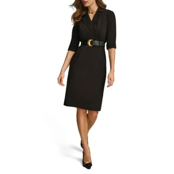 Donna Karan New York Dress Women's 6 Black Cowl Neck Sheath Belted Work Office - Picture 1 of 12